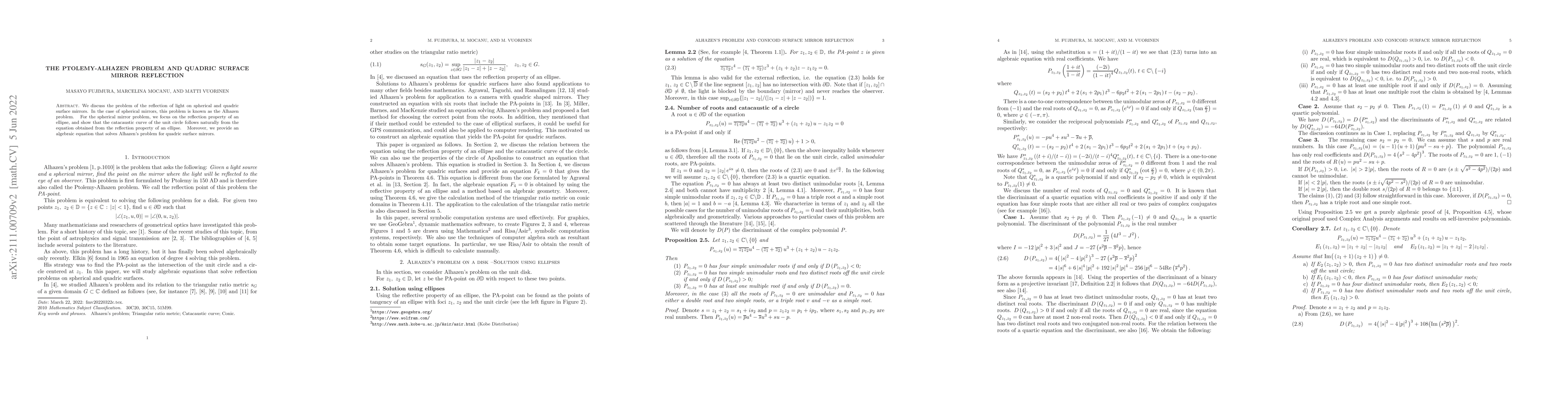 Thumbnail for The Ptolemy-Alhazen problem and quadric surface mirror reflection