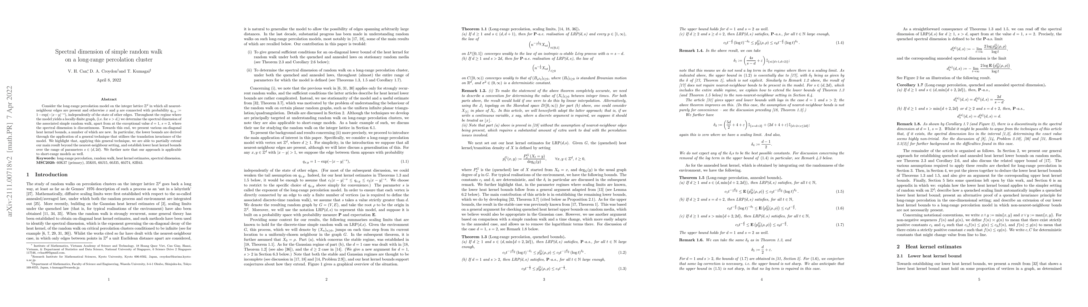 Thumbnail for Spectral dimension of simple random walk on a long-range percolation
  cluster