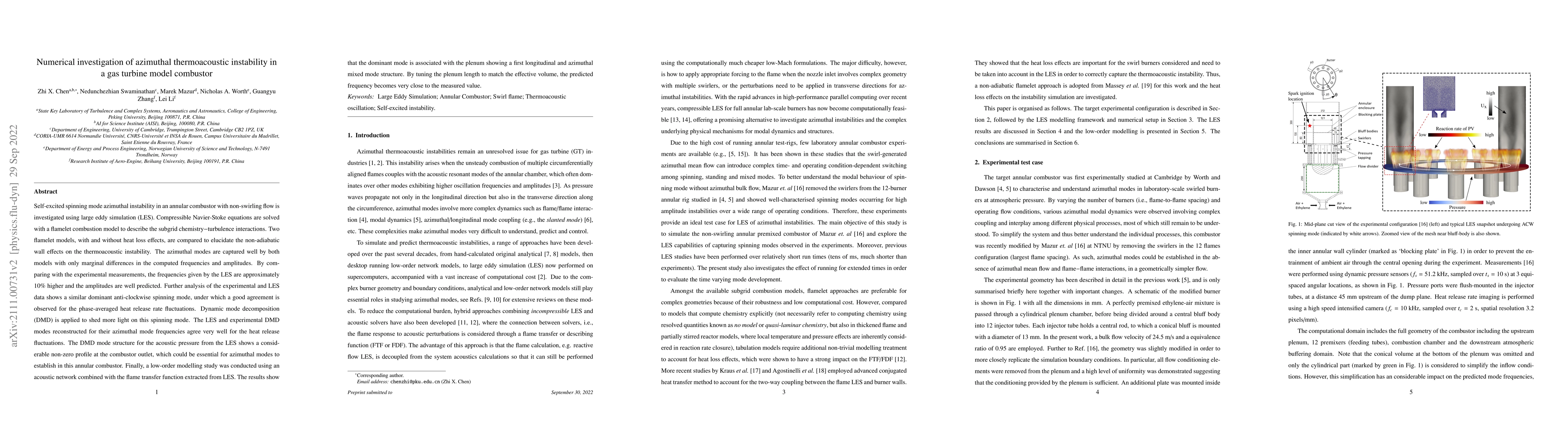 Thumbnail for Numerical investigation of azimuthal thermoacoustic instability in a gas
  turbine model combustor