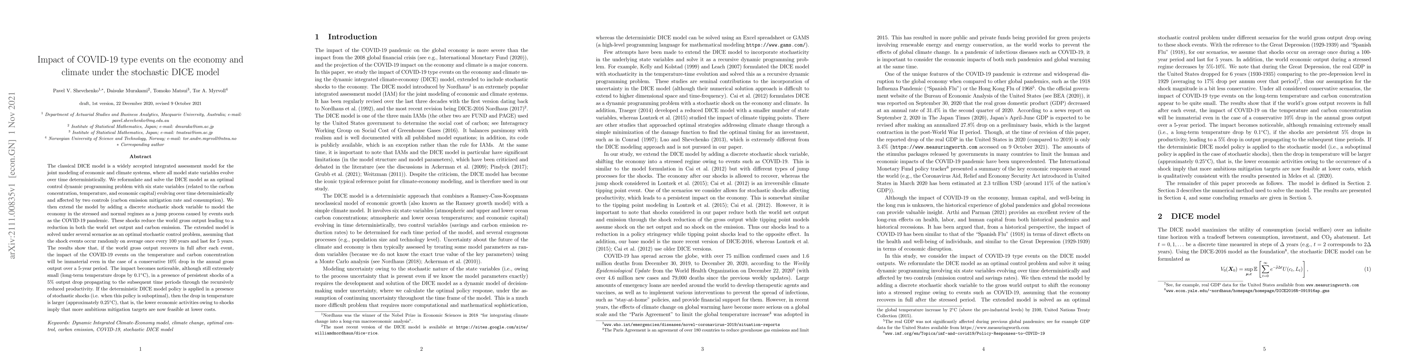 Thumbnail for Impact of COVID-19 type events on the economy and climate under the
  stochastic DICE model