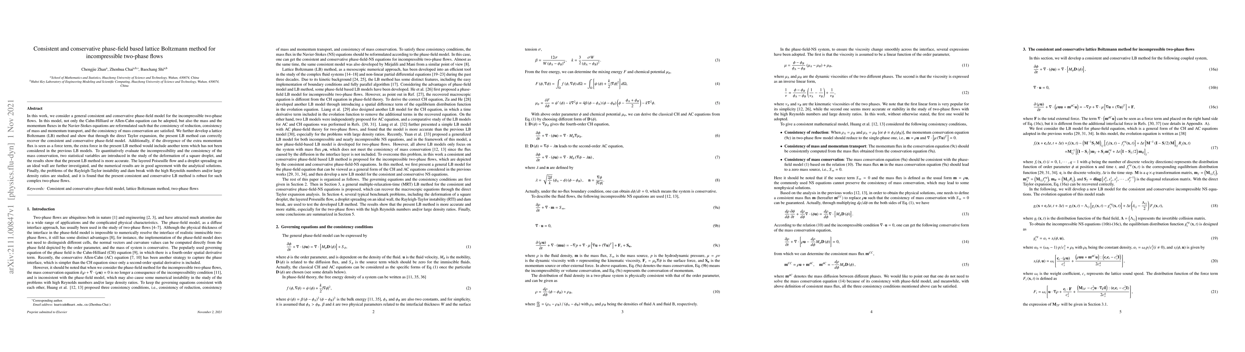Thumbnail for Consistent and conservative phase-field based lattice Boltzmann method
  for incompressible two-phase flows