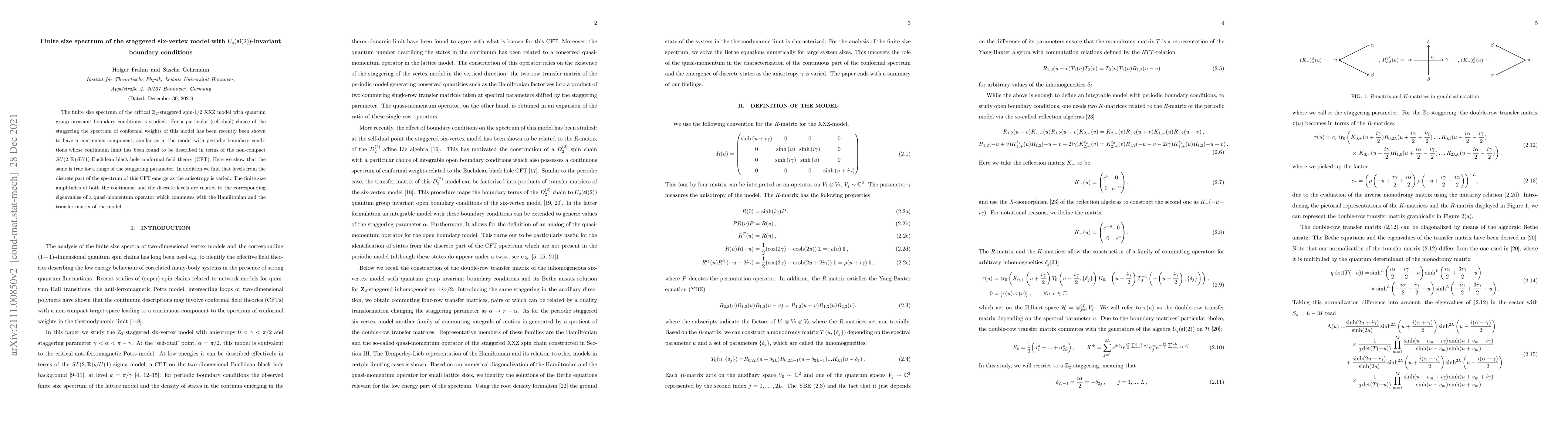 Thumbnail for Finite size spectrum of the staggered six-vertex model with
  $U_q(\mathfrak{sl}(2))$-invariant boundary conditions
