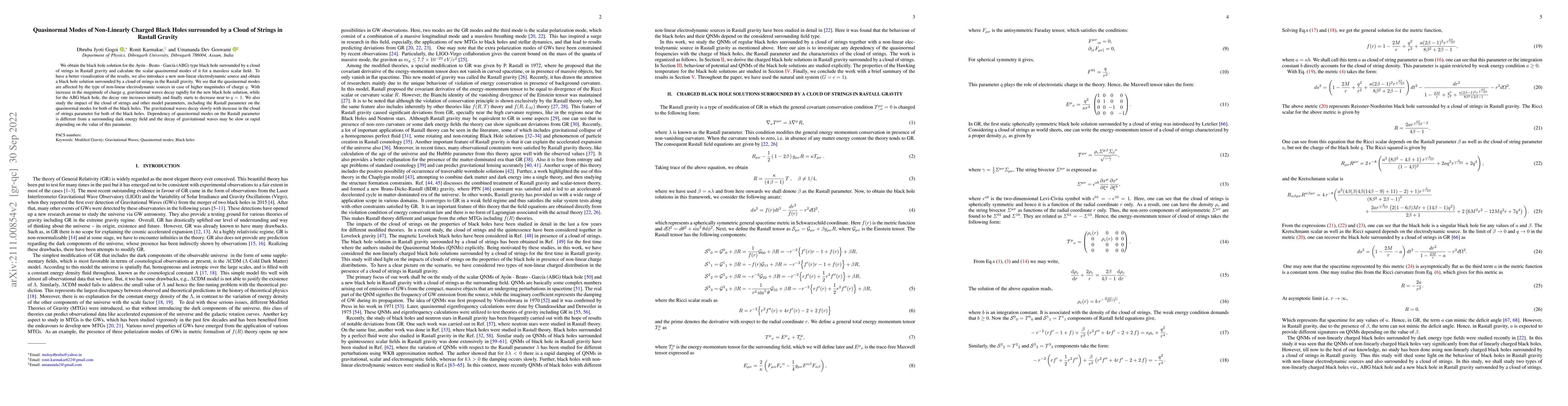 Thumbnail for Quasinormal Modes of Non-Linearly Charged Black Holes surrounded by a
  Cloud of Strings in Rastall Gravity