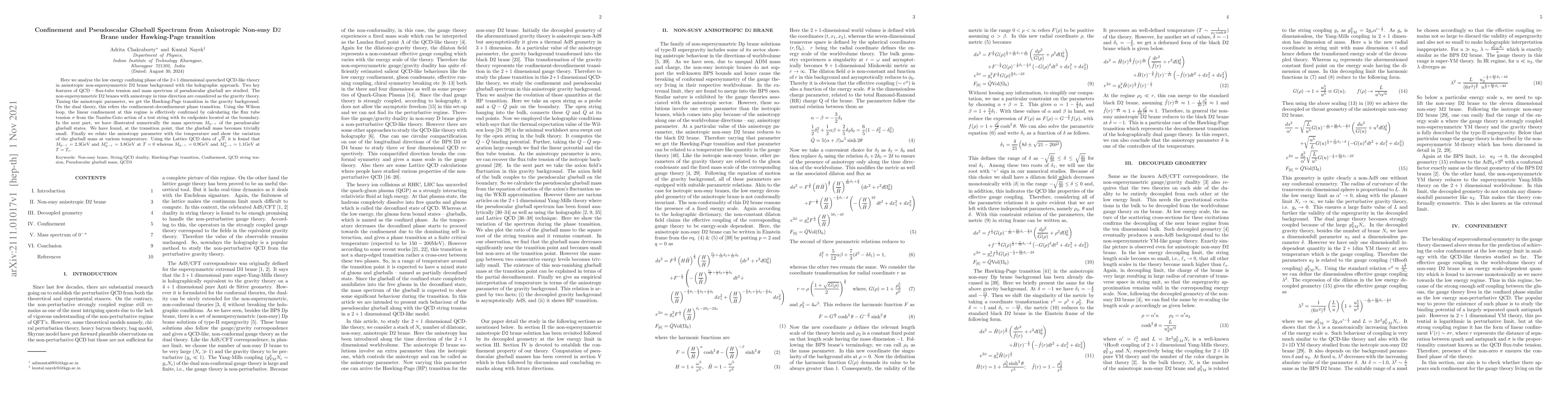 Thumbnail for Confinement and Pseudoscalar Glueball Spectrum from Anisotropic Non-susy
  D$2$ Brane under Hawking-Page transition