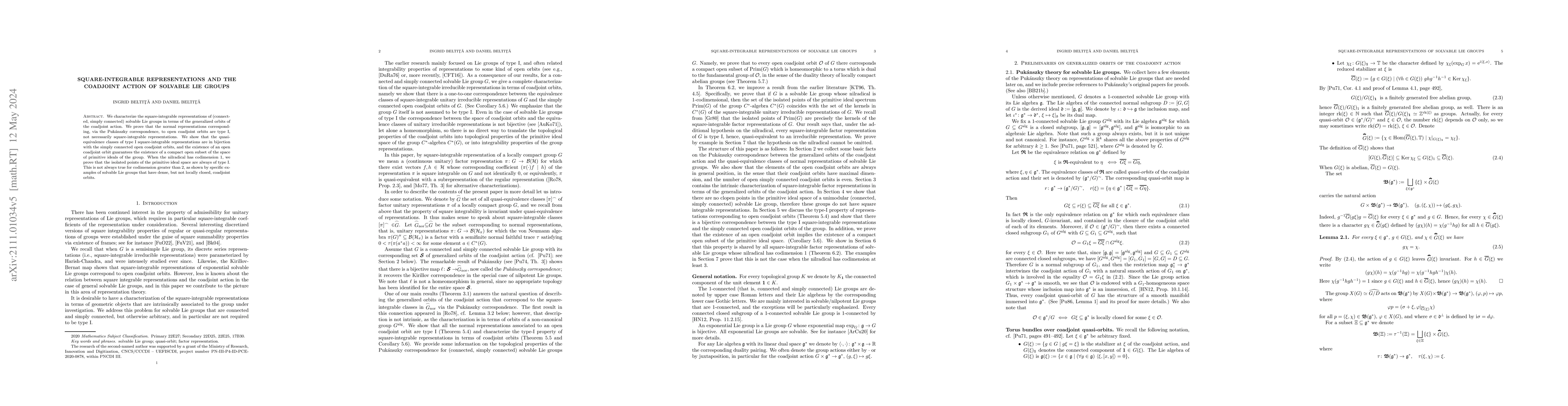 Thumbnail for Square-integrable representations and the coadjoint action of solvable
  Lie groups