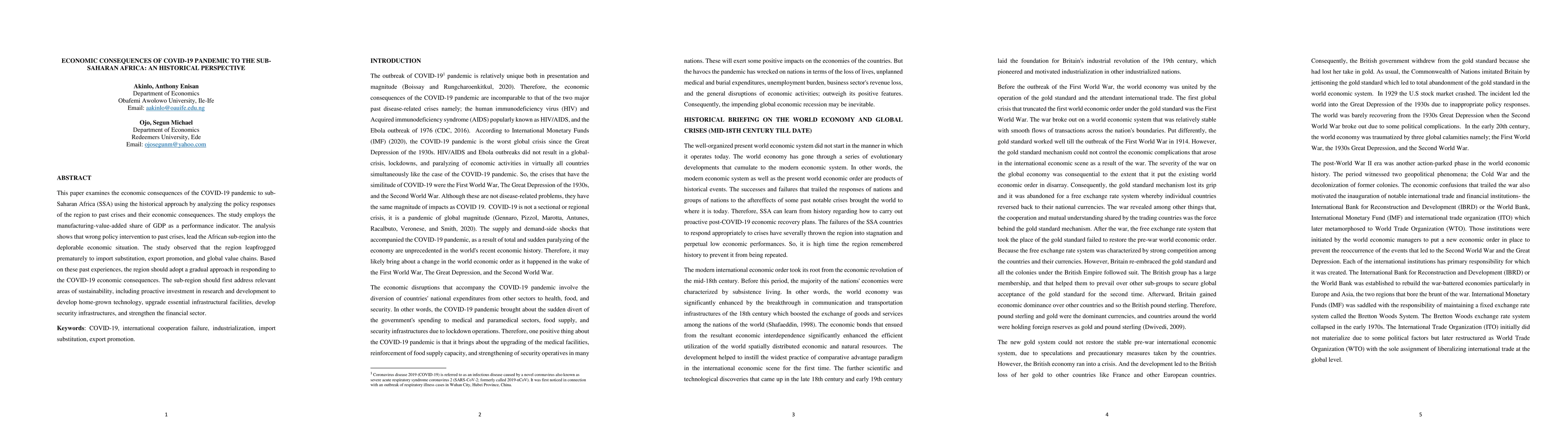Thumbnail for Economic consequences of covid-19 pandemic to the sub-Saharan Africa: an
  historical perspective