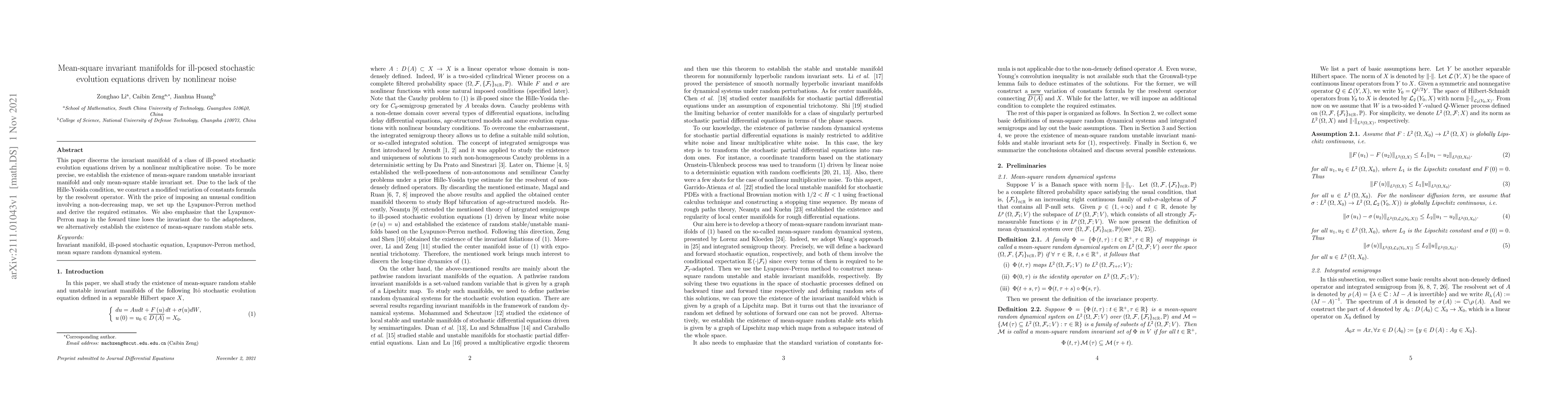 Thumbnail for Mean-square invariant manifolds for ill-posed stochastic evolution
  equations driven by nonlinear noise