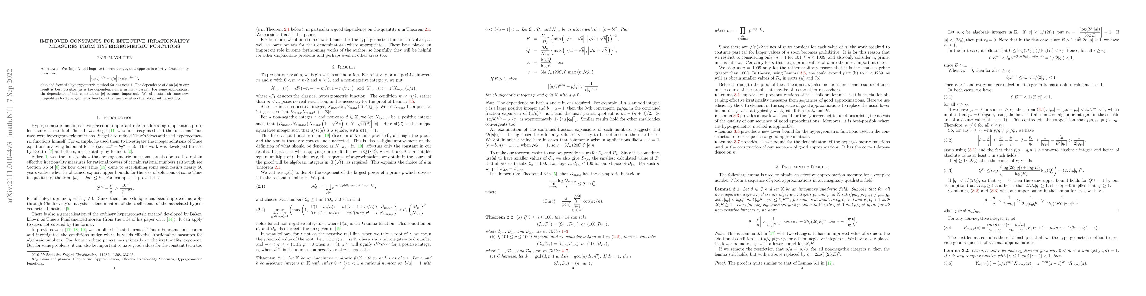 Thumbnail for Improved Constants for Effective Irrationality Measures from
  Hypergeometric Functions