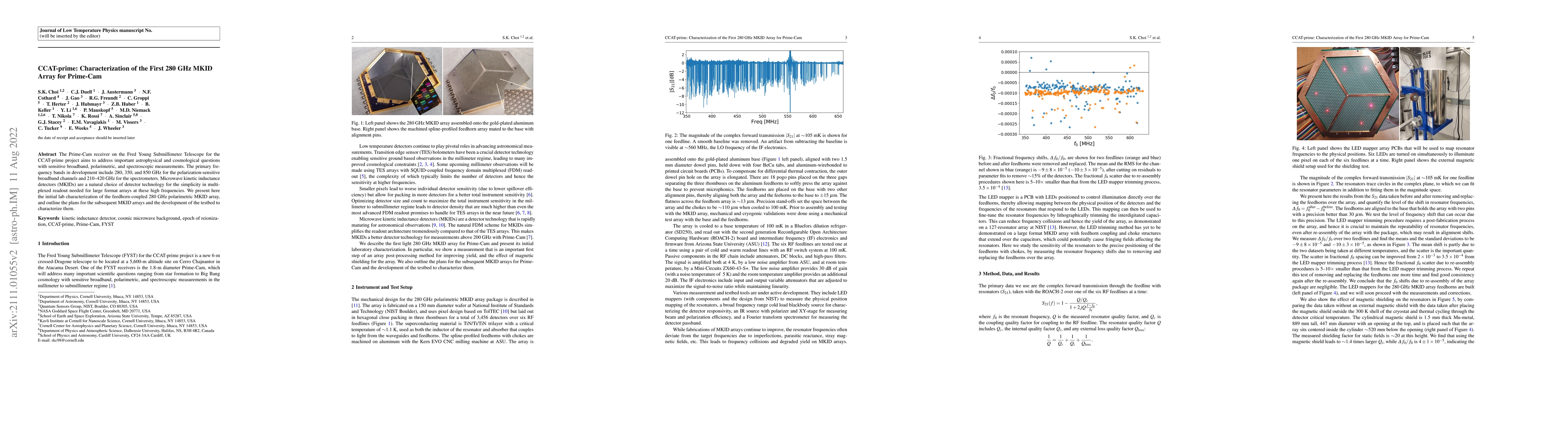 Thumbnail for CCAT-prime: Characterization of the First 280 GHz MKID Array for
  Prime-Cam