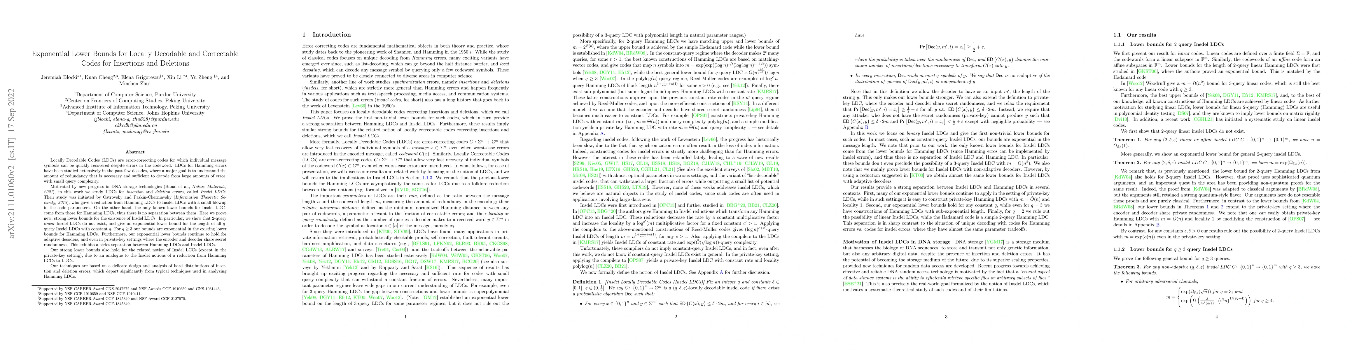 Thumbnail for Exponential Lower Bounds for Locally Decodable and Correctable Codes for
  Insertions and Deletions
