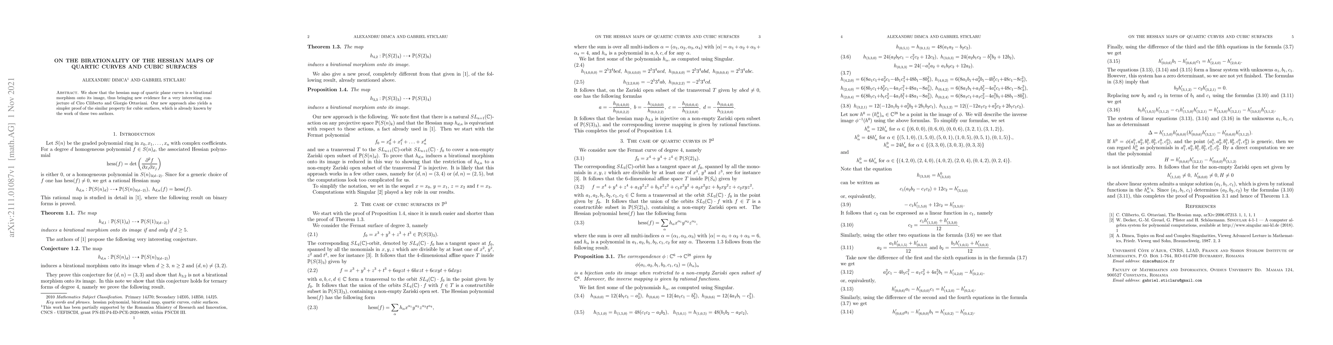 Thumbnail for On the birationality of the Hessian maps of quartic curves and cubic
  surfaces