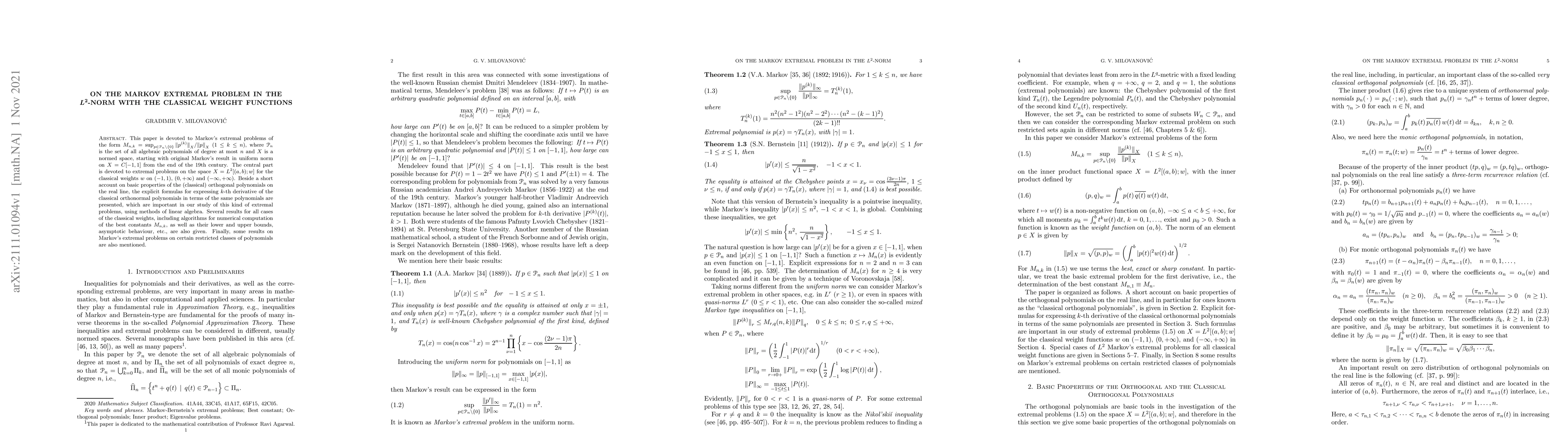 Thumbnail for On the Markov extremal problem in the $L^2$-norm with the classical
  weight functions