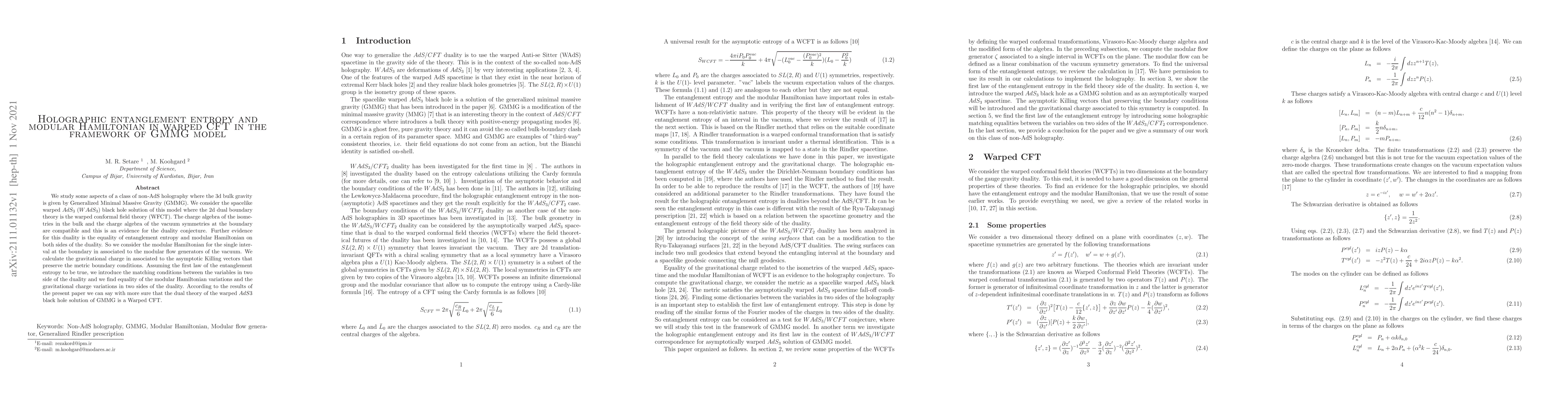 Thumbnail for Holographic entanglement entropy and modular Hamiltonian in warped CFT
  in the framework of GMMG model