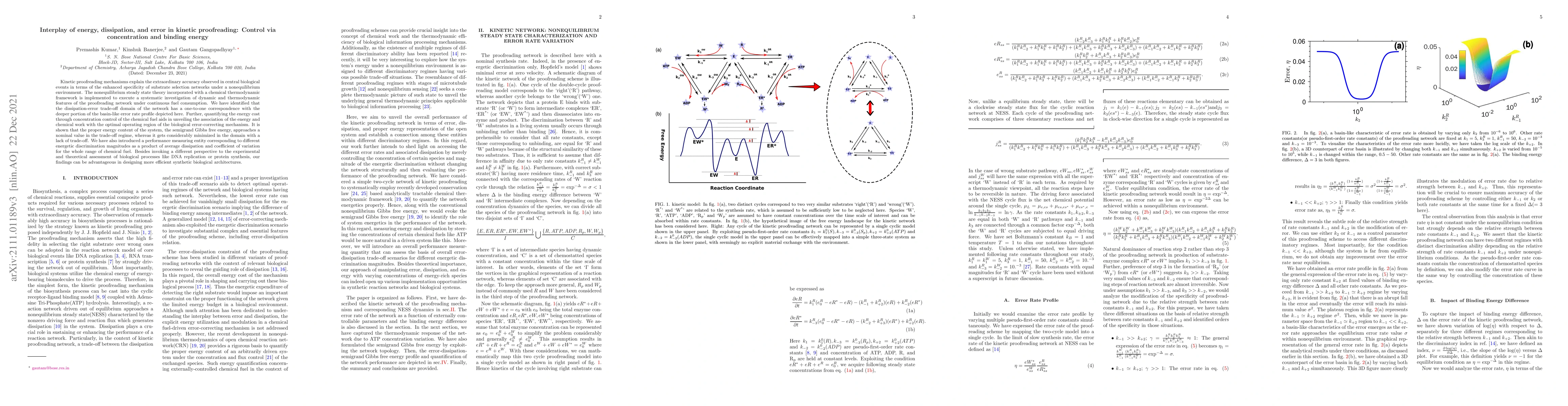 Thumbnail for Interplay of energy, dissipation, and error in kinetic proofreading:
  Control via concentration and binding energy