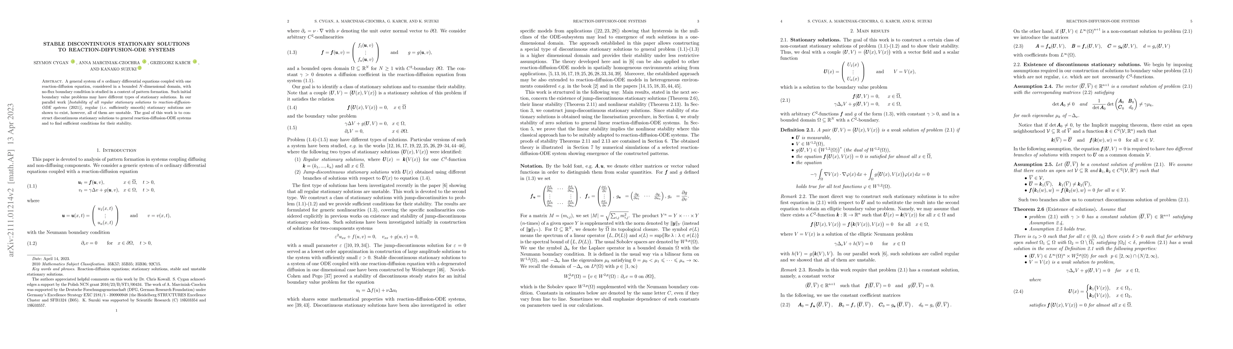 Thumbnail for Stable discontinuous stationary solutions to reaction-diffusion-ODE
  systems