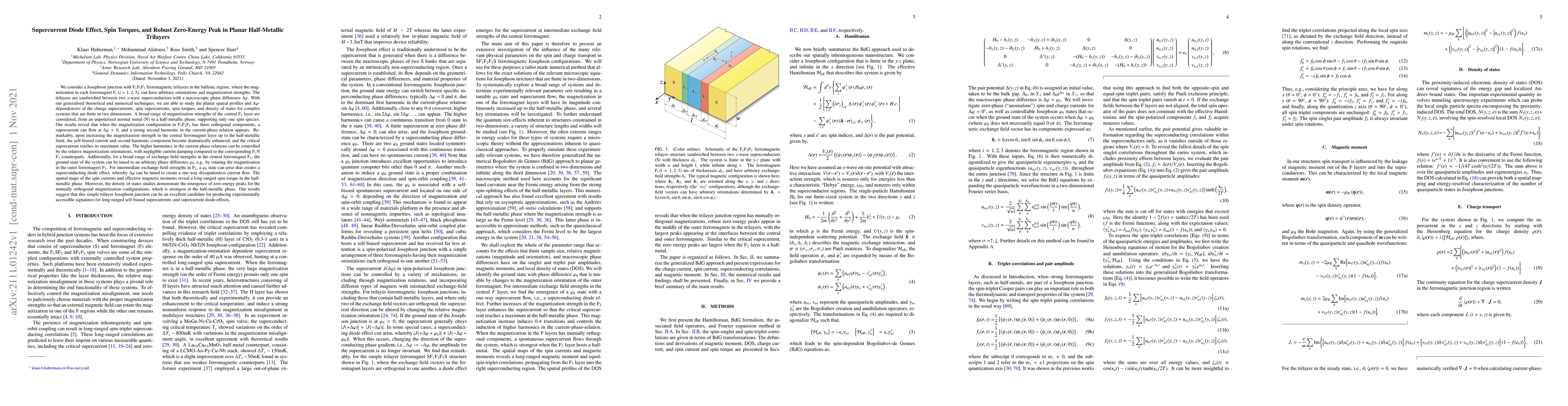 Thumbnail for Supercurrent Diode Effect, Spin Torques, and Robust Zero-Energy Peak in
  Planar Half-Metallic Trilayers
