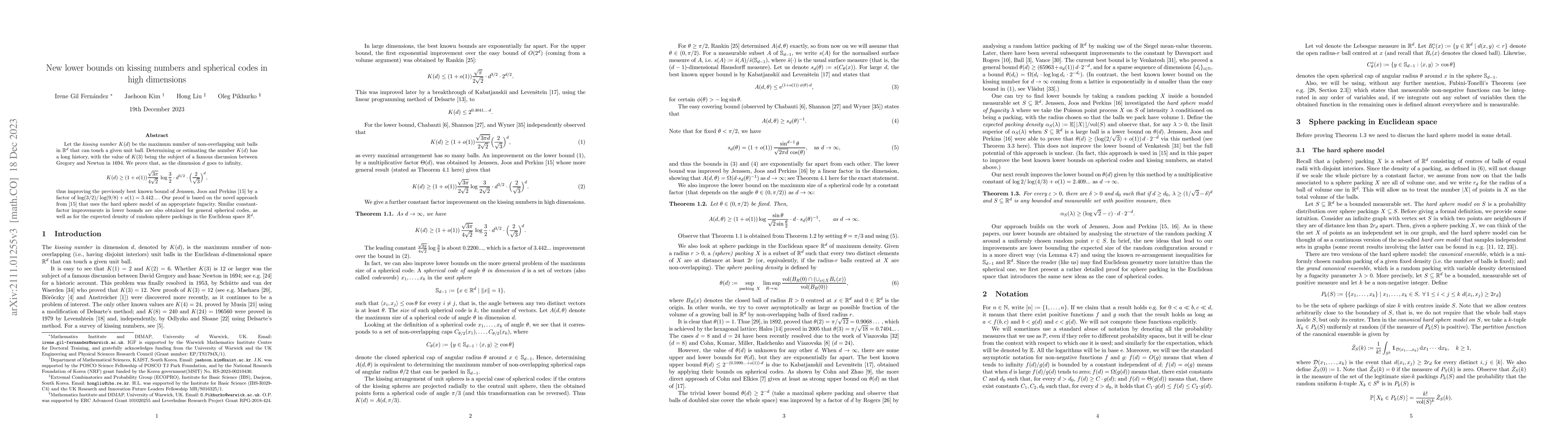 Thumbnail for New lower bounds on kissing numbers and spherical codes in high
  dimensions