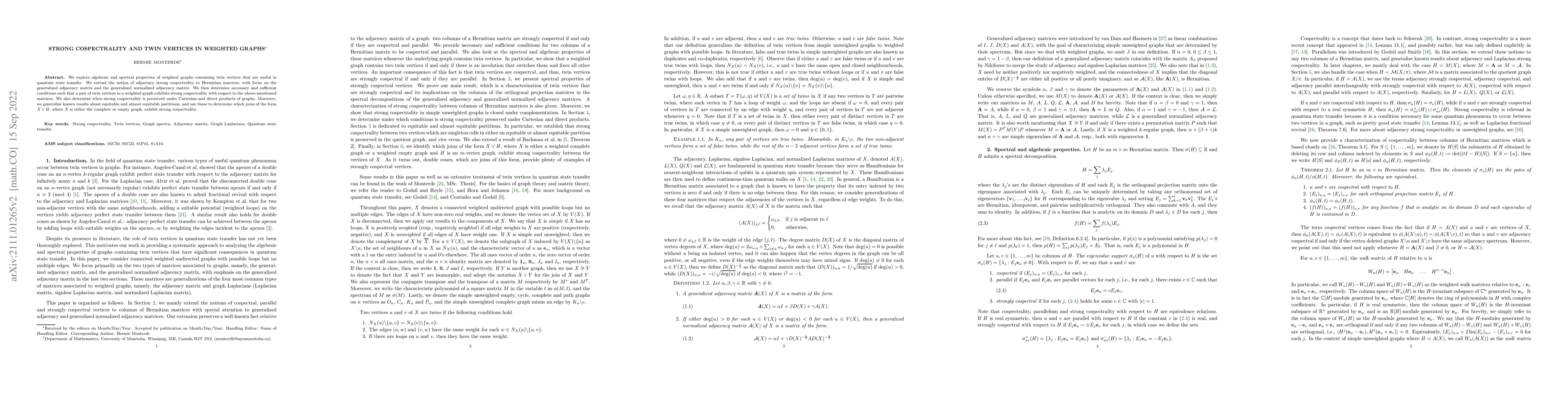 Thumbnail for Strong Cospectrality and Twin Vertices in Weighted Graphs
