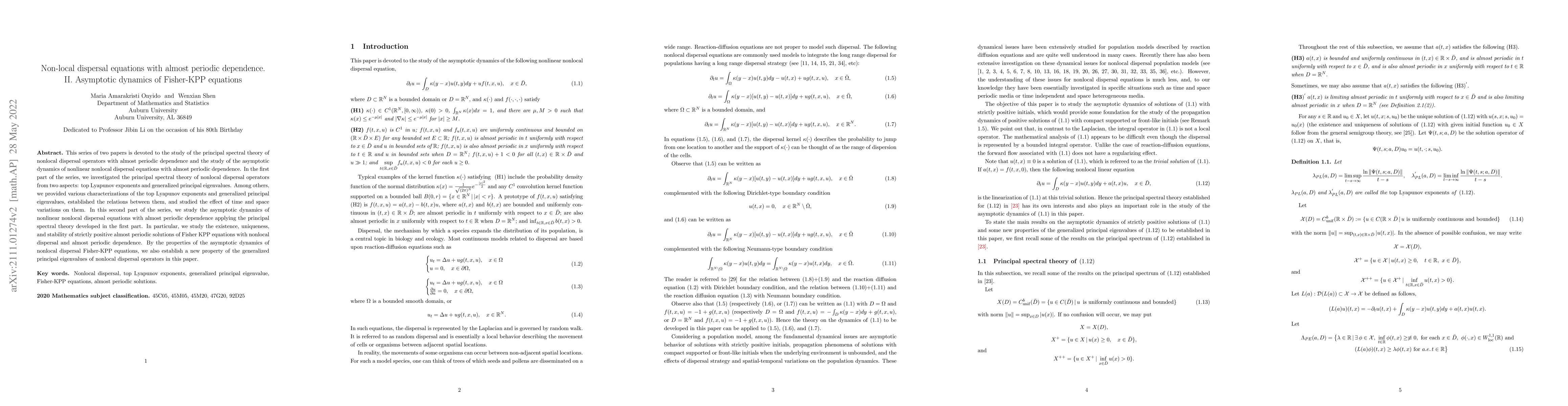 Thumbnail for Non-local dispersal equations with almost periodic dependence. II.
  Asymptotic dynamics of Fisher-KPP equations
