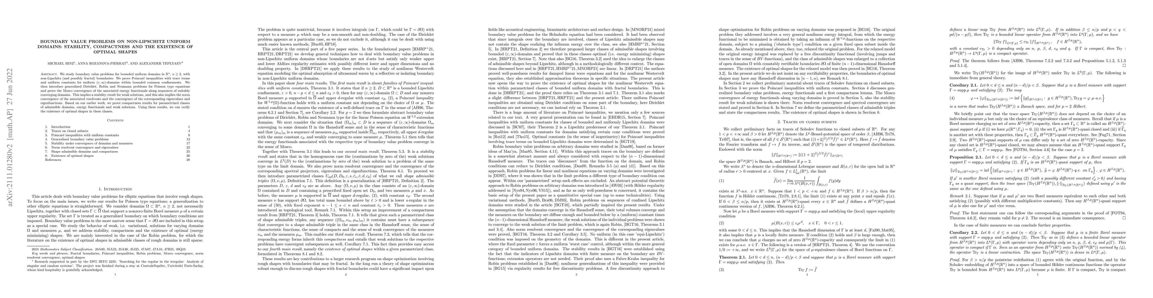Thumbnail for Boundary value problems on non-Lipschitz uniform domains: Stability,
  compactness and the existence of optimal shapes
