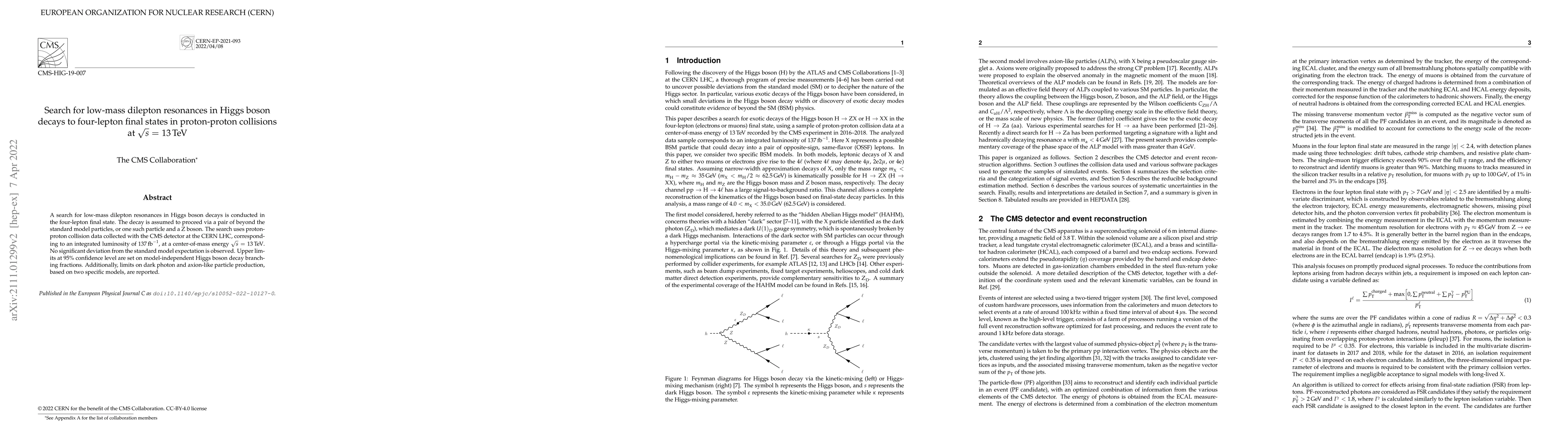 Thumbnail for Search for low-mass dilepton resonances in Higgs boson decays to
  four-lepton final states in proton-proton collisions at $\sqrt{s} =$ 13 TeV