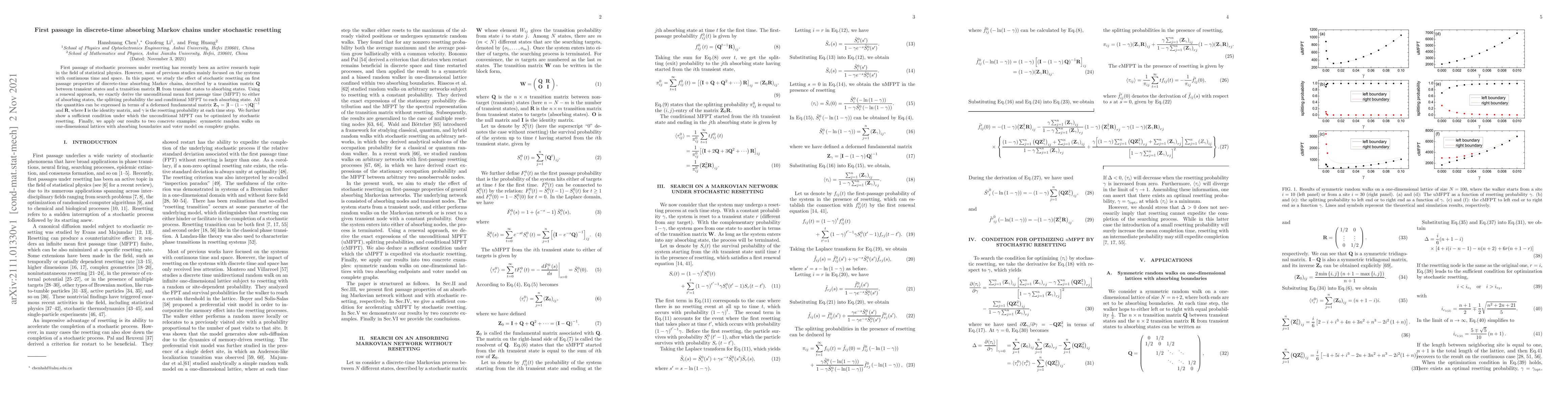 Thumbnail for First passage in discrete-time absorbing Markov chains under stochastic
  resetting