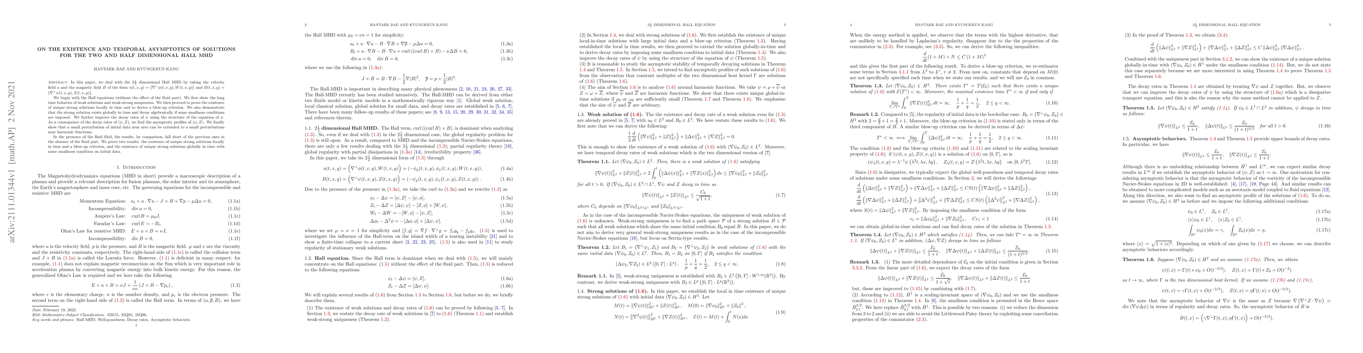 Thumbnail for On the existence and temporal asymptotics of solutions for the two and
  half dimensional Hall MHD