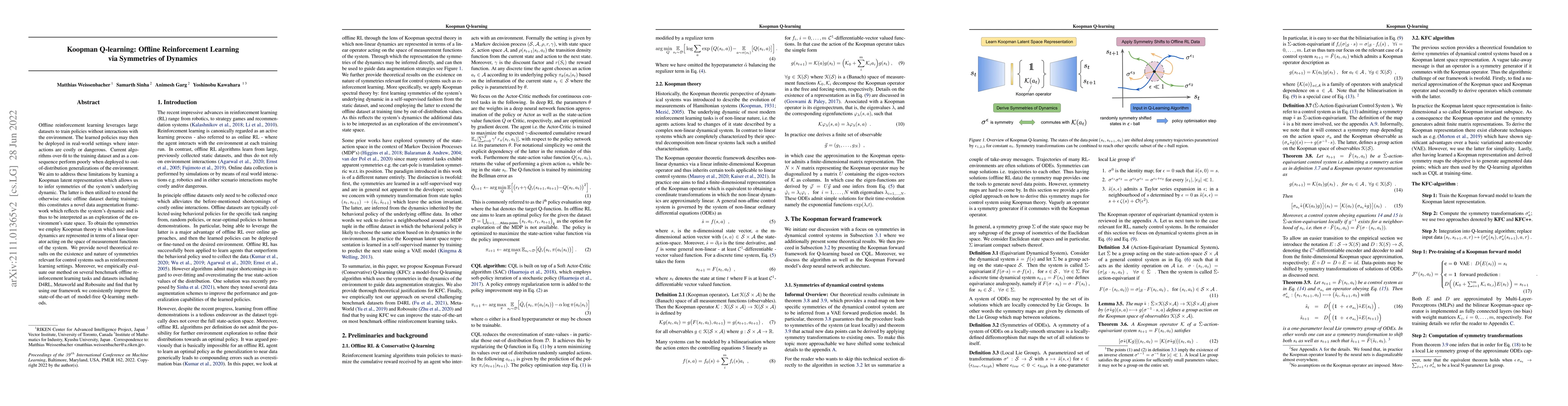Thumbnail for Koopman Q-learning: Offline Reinforcement Learning via Symmetries of
  Dynamics