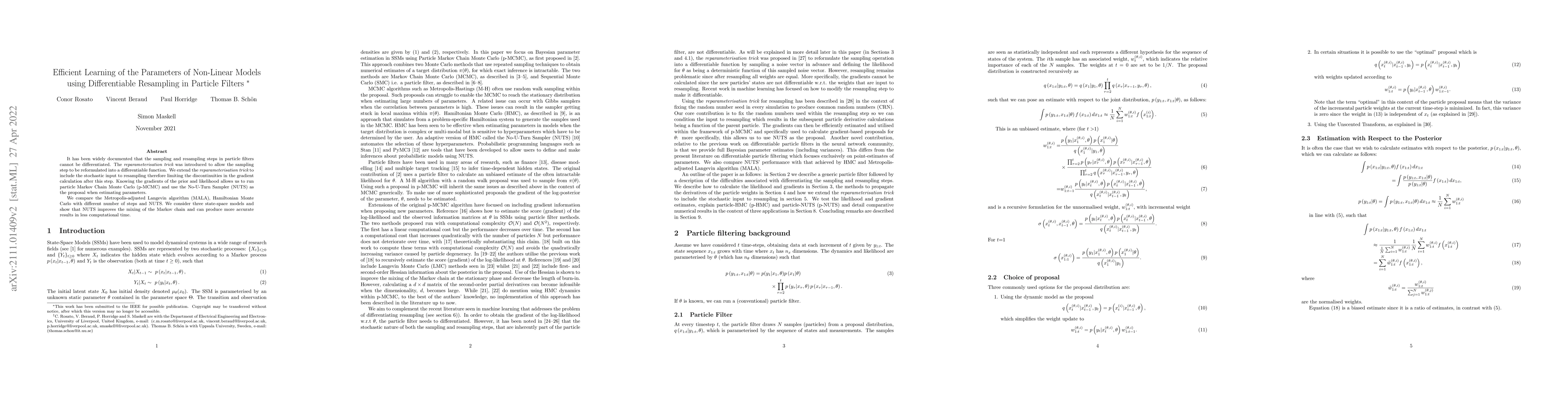 Thumbnail for Efficient Learning of the Parameters of Non-Linear Models using
  Differentiable Resampling in Particle Filters
