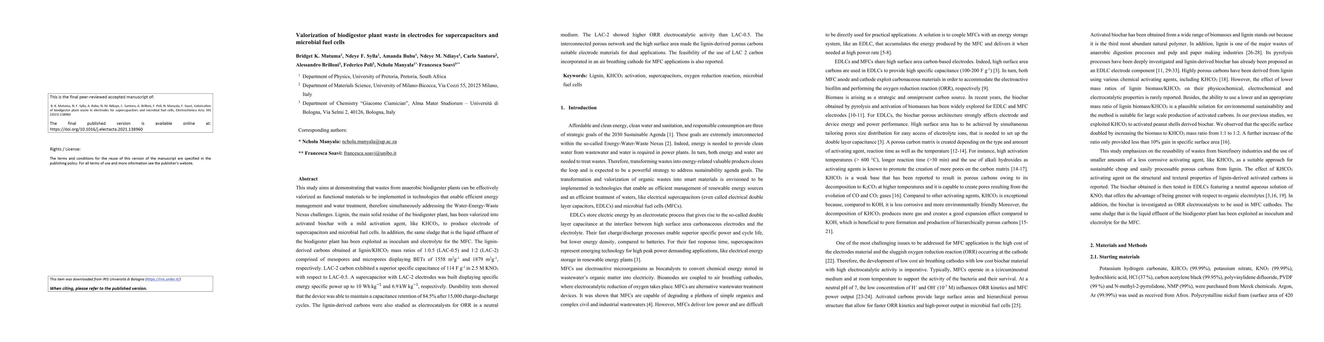 Thumbnail for Valorization of biodigestor plant waste in electrodes for
  supercapacitors and microbial fuel cells