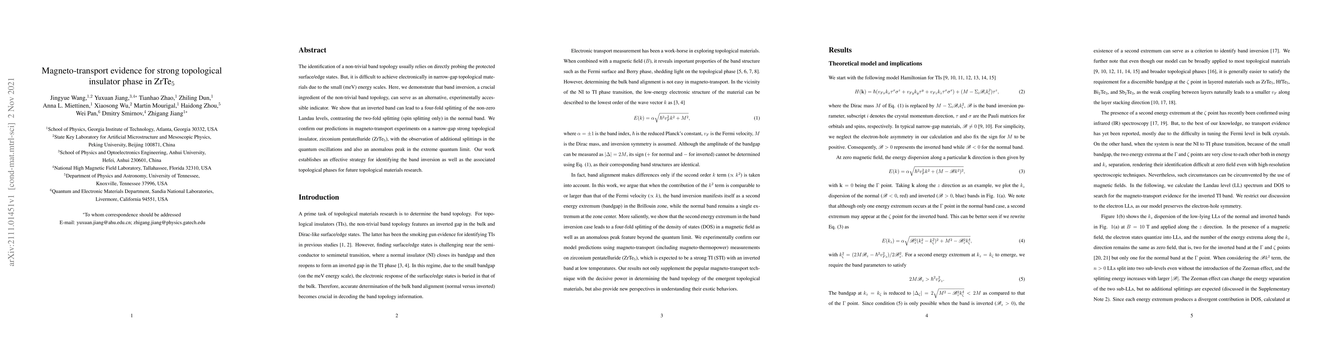 Thumbnail for Magneto-transport evidence for strong topological insulator phase in
  ZrTe5