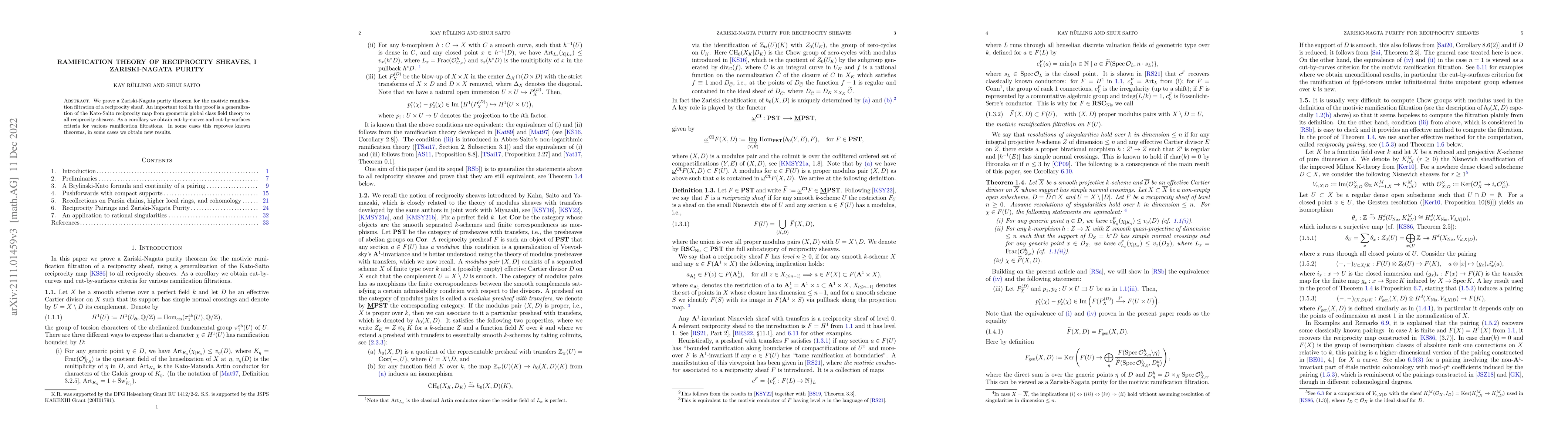 Thumbnail for Ramification theory of reciprocity sheaves, I, Zariski-Nagata purity