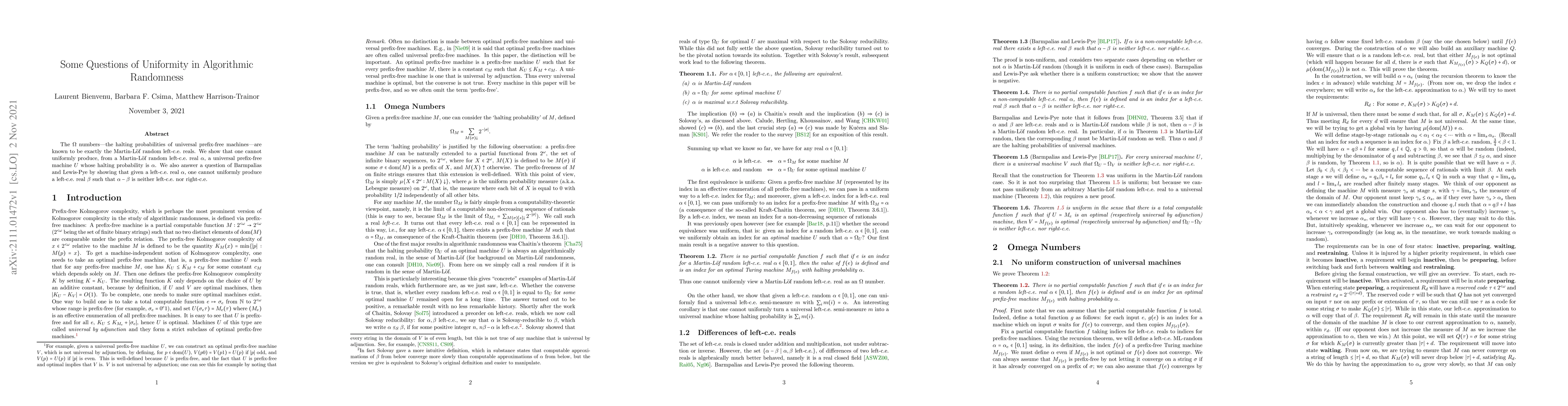 Thumbnail for Some Questions of Uniformity in Algorithmic Randomness