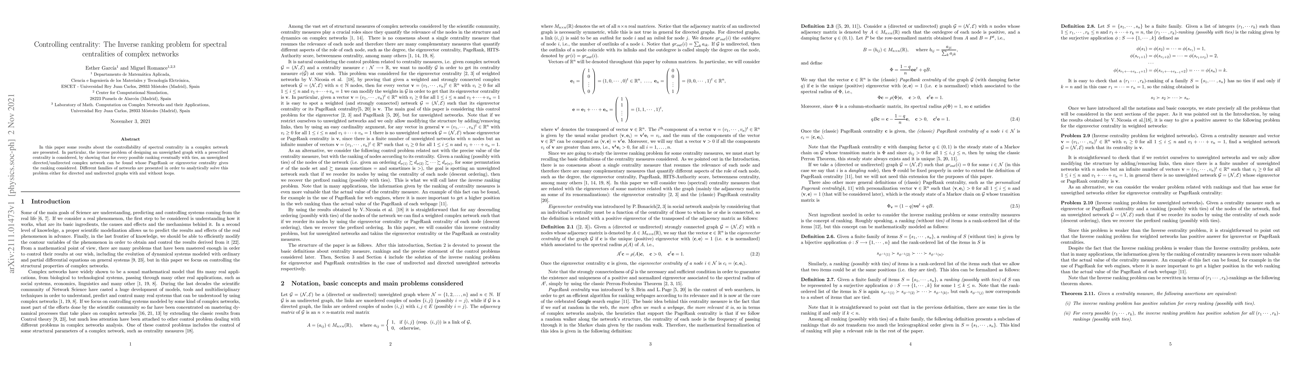 Thumbnail for Controlling centrality: The Inverse ranking problem for spectral
  centralities of complex networks