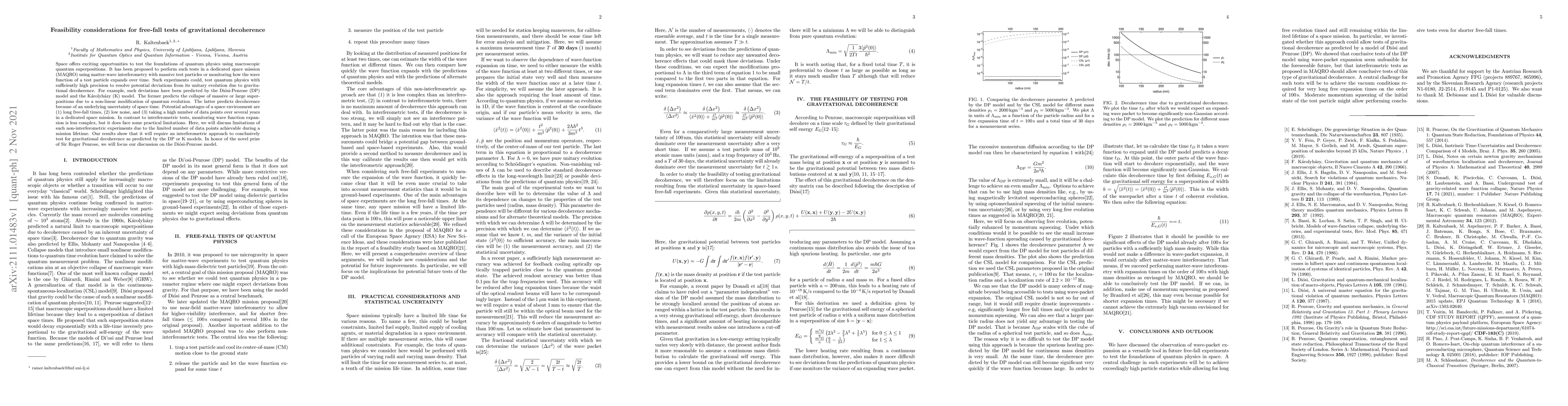 Thumbnail for Feasibility considerations for free-fall tests of gravitational
  decoherence
