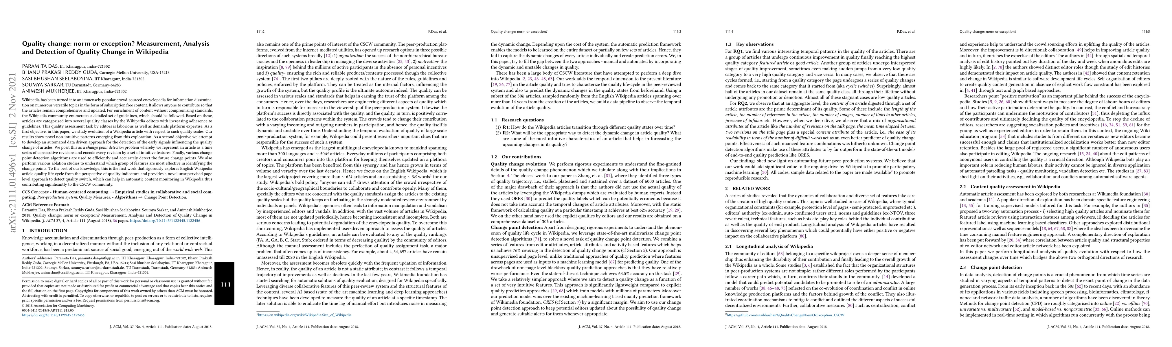 Thumbnail for Quality change: norm or exception? Measurement, Analysis and Detection
  of Quality Change in Wikipedia