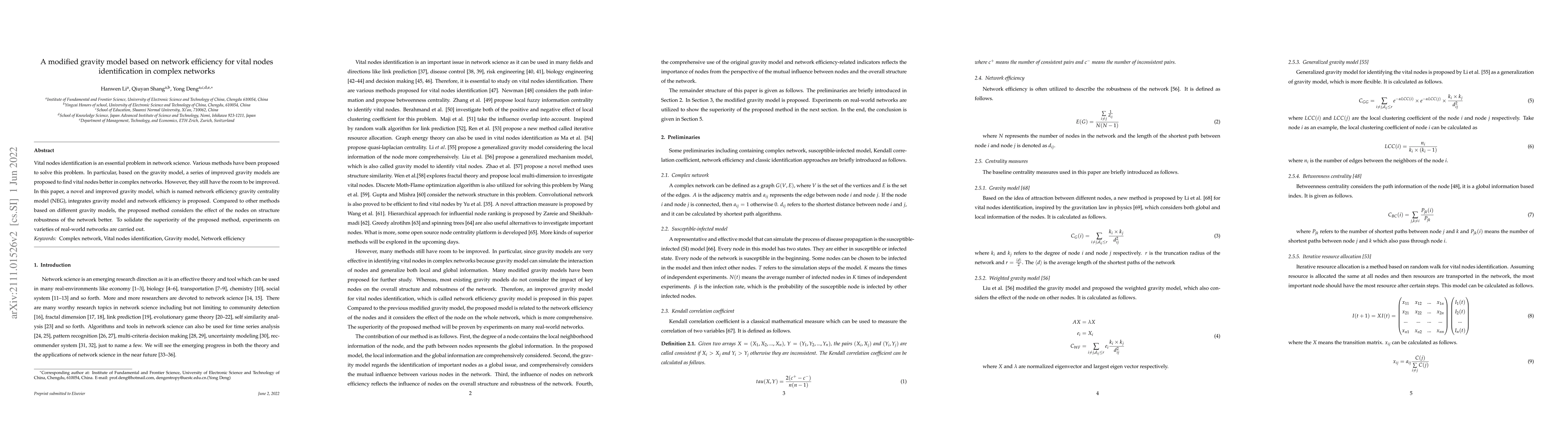 Thumbnail for A modified gravity model based on network efficiency for vital nodes
  identification in complex networks