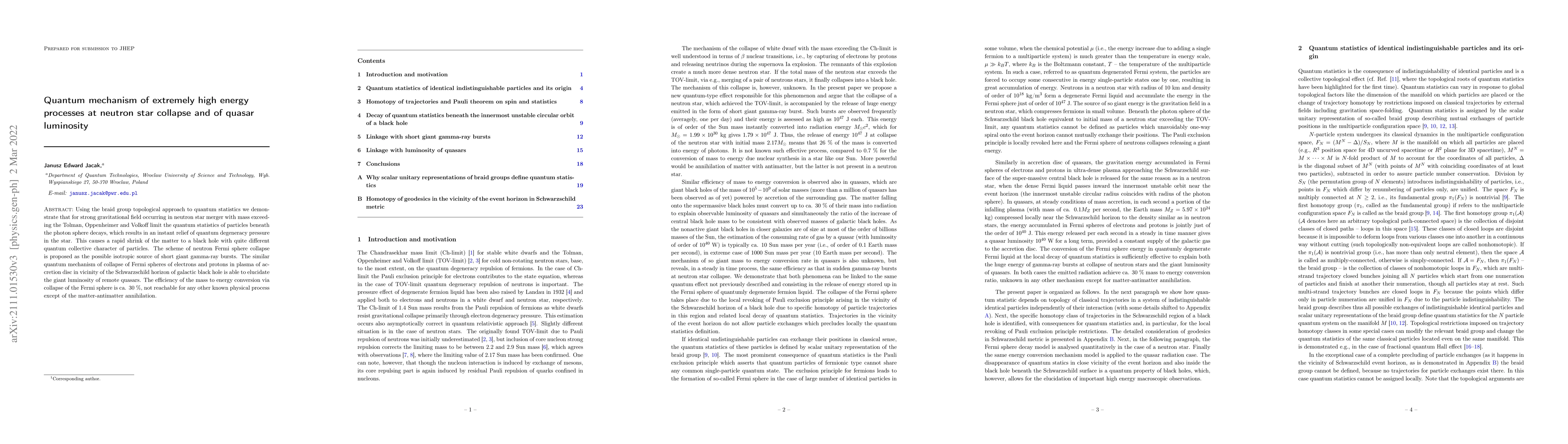 Thumbnail for Quantum mechanism of extremely high energy processes at neutron star
  collapse and of quasar luminosity