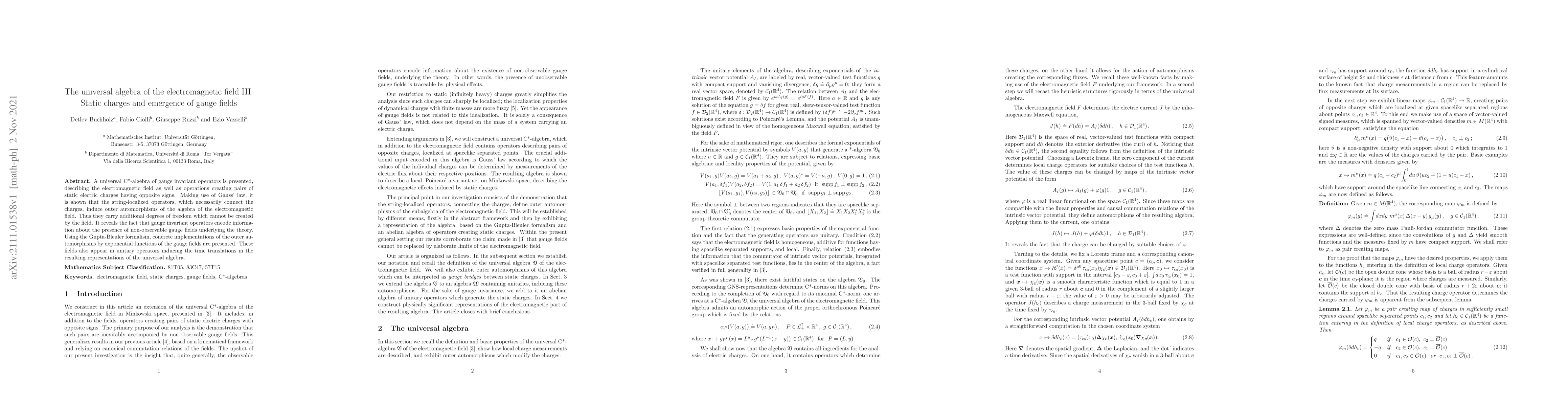 Thumbnail for The universal algebra of the electromagnetic field III. Static charges
  and emergence of gauge fields
