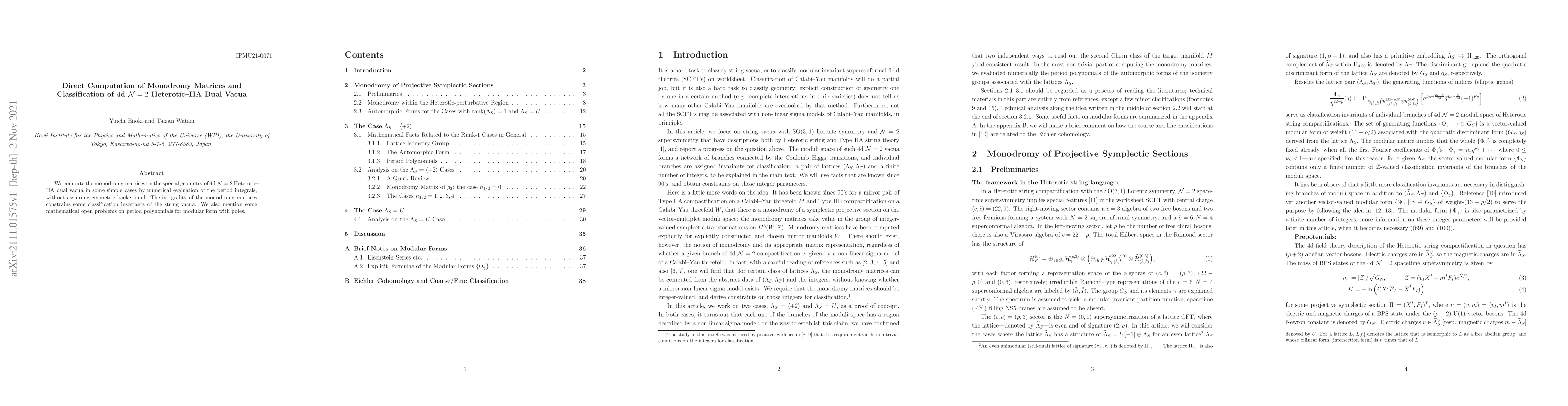 Thumbnail for Direct Computation of Monodromy Matrices and Classification of 4d N=2
  Heterotic--IIA Dual Vacua