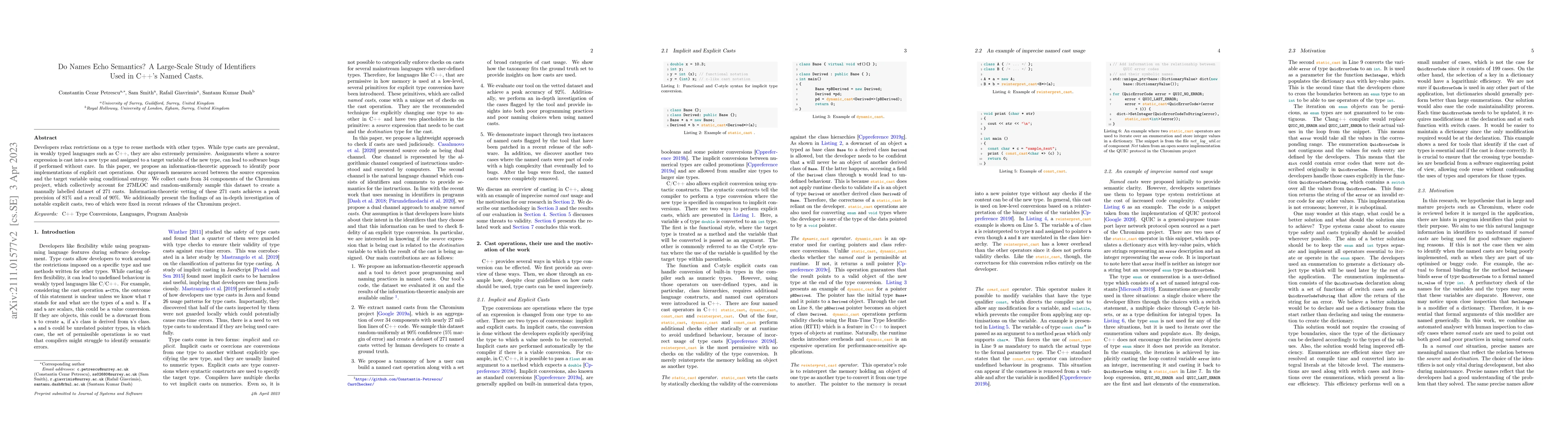 Thumbnail for Do Names Echo Semantics? A Large-Scale Study of Identifiers Used in
  C++'s Named Casts