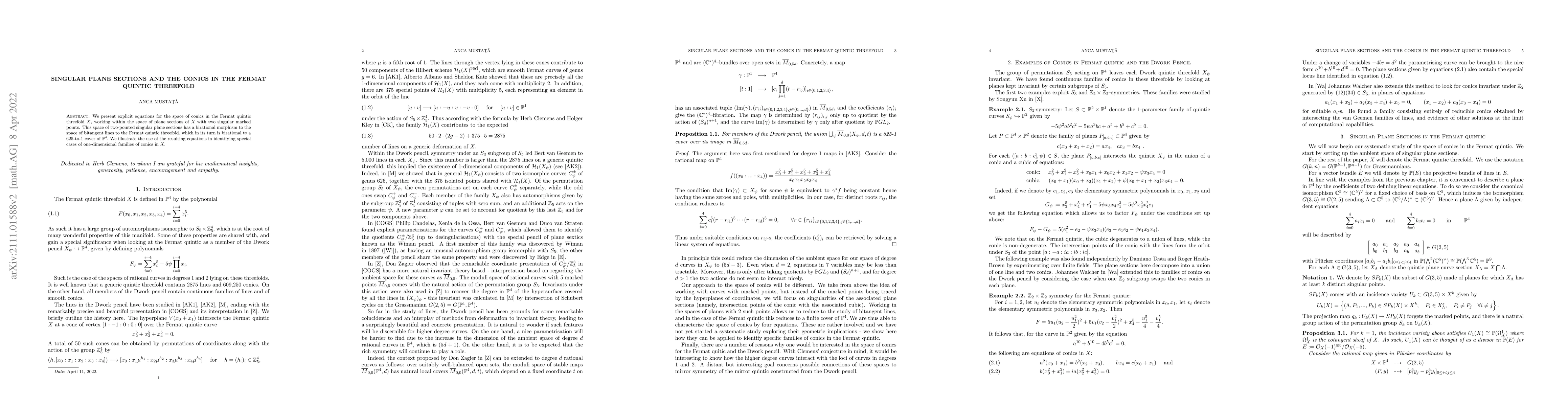 Thumbnail for Singular plane sections and the conics in the Fermat quintic threefold