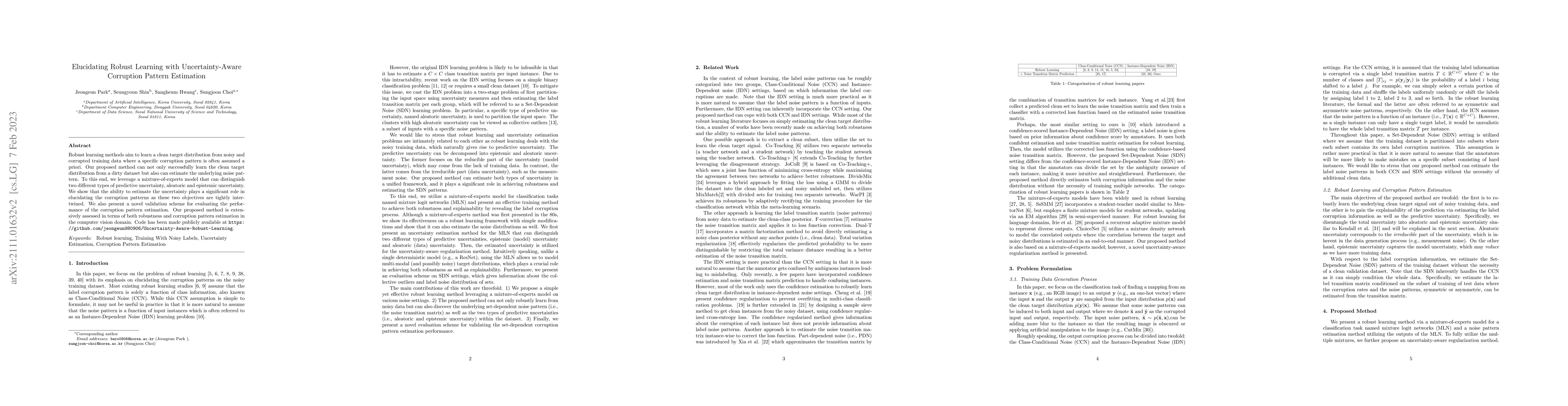 Thumbnail for Elucidating Robust Learning with Uncertainty-Aware Corruption Pattern
  Estimation