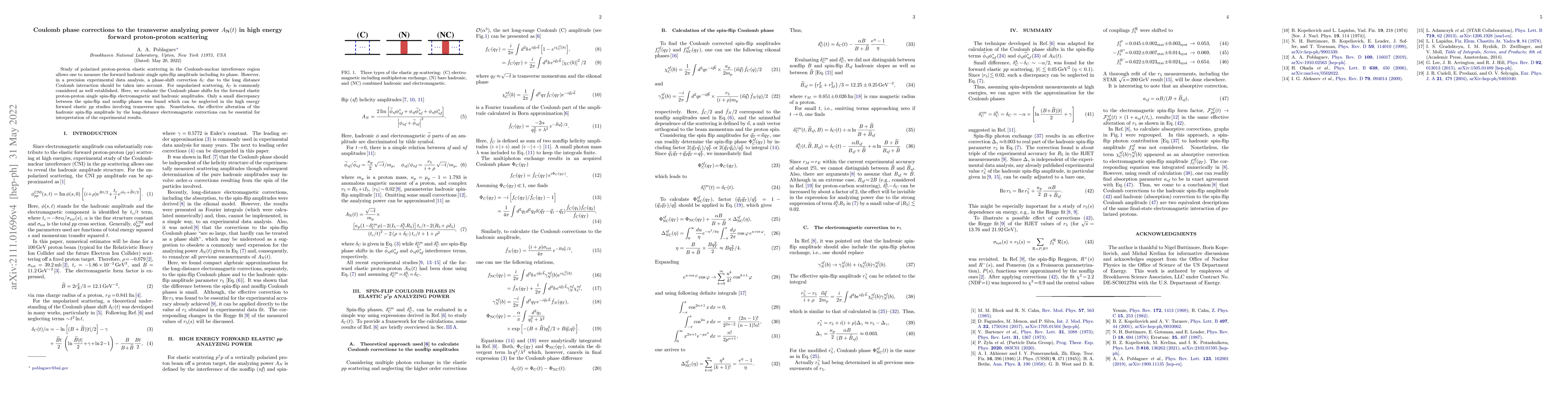 Thumbnail for Coulomb phase corrections to the transverse analyzing power $A_N(t)$ in
  high energy forward proton-proton scattering