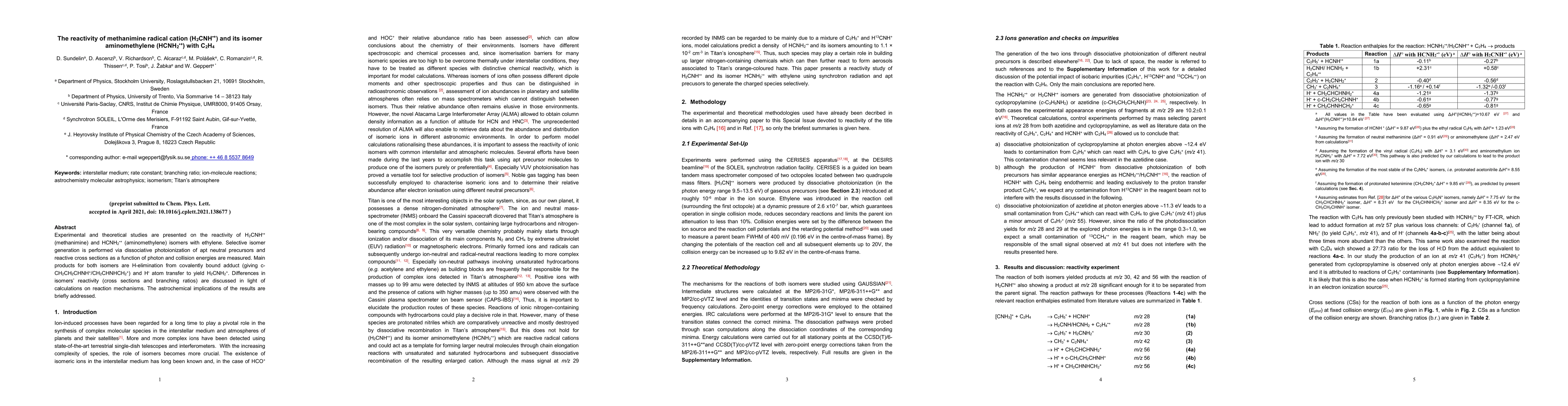 Thumbnail for The reactivity of methanimine radical cation (H$_2$CNH$^{+\cdot}$) and
  its isomer aminomethylene (HCNH$_2^{+\cdot}$) with C$_2$H$_4$