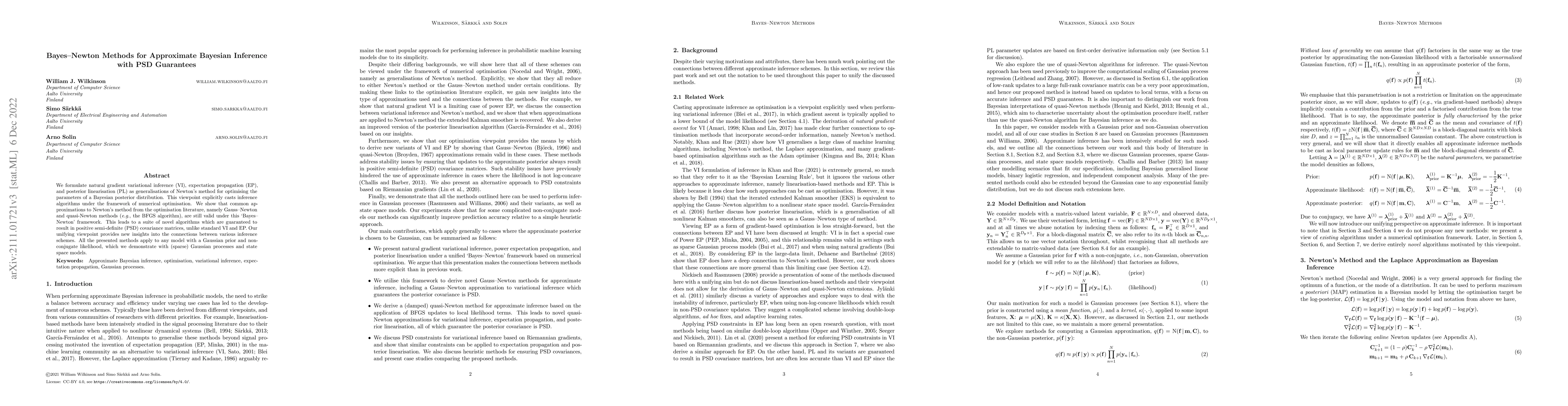 Thumbnail for Bayes-Newton Methods for Approximate Bayesian Inference with PSD
  Guarantees