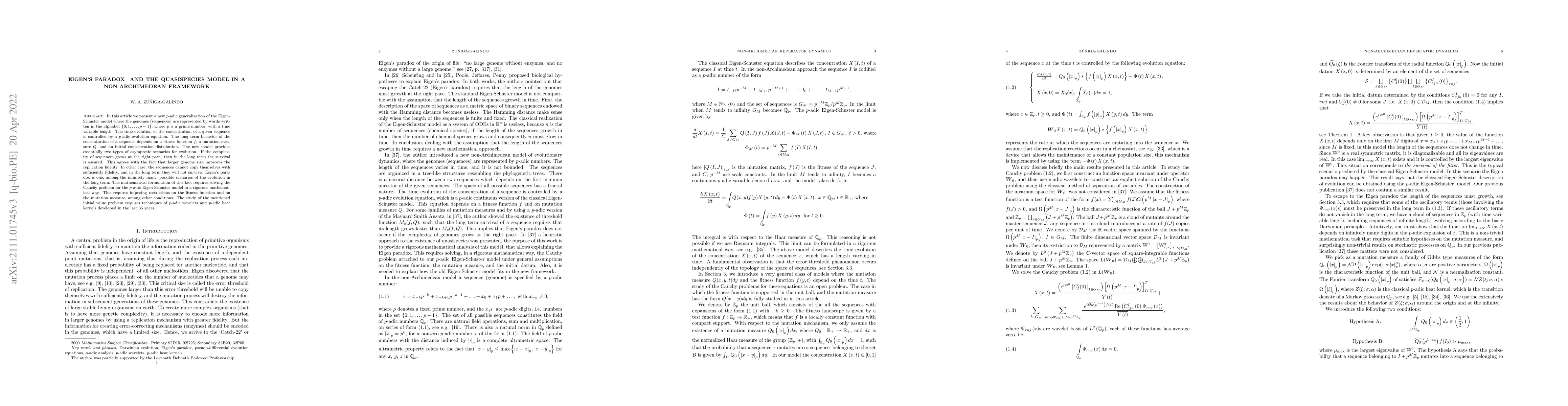 Thumbnail for Eigen's Paradox and the Quasispecies Model in a Non-Archimedean
  Framework