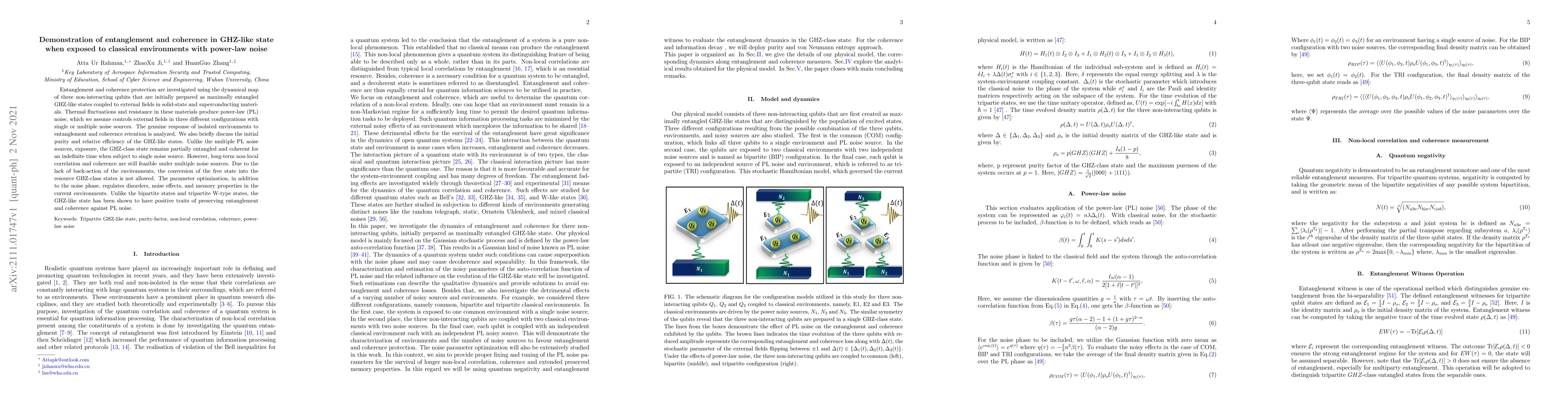 Thumbnail for Demonstration of entanglement and coherence in GHZ-like state when
  exposed to classical environments with power-law noise