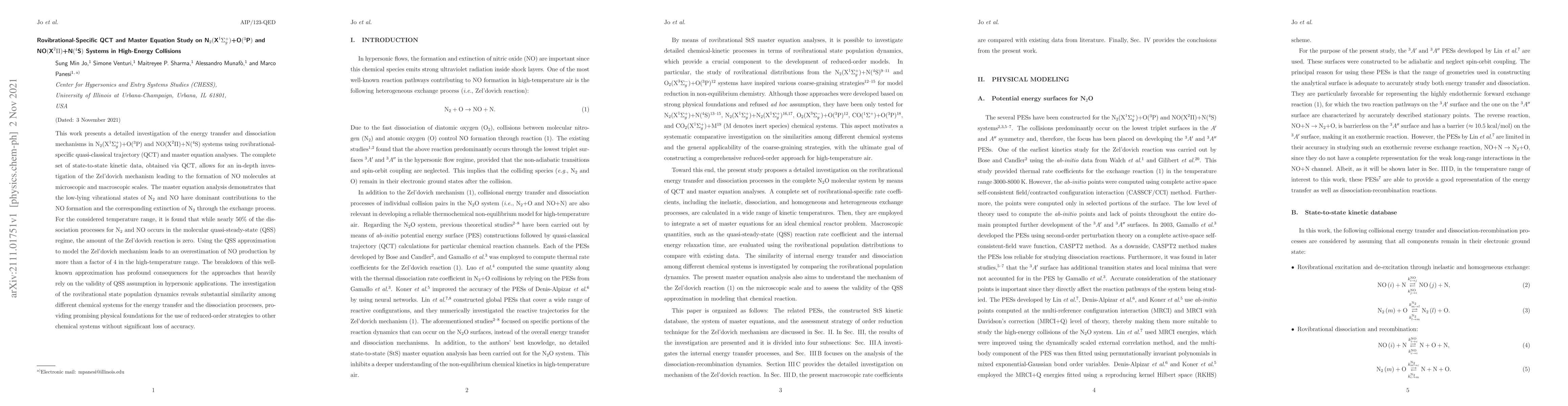 Thumbnail for Rovibrational-Specific QCT and Master Equation Study on
  $\text{N}_2(\text{X}^1\Sigma_g^+)$+$\text{O}({}^3\text{P})$ and
  $\text{NO}(\text{X}^2\Pi)$+$\text{N}({}^4\text{S})$ Systems in High-Energy
  Collisions