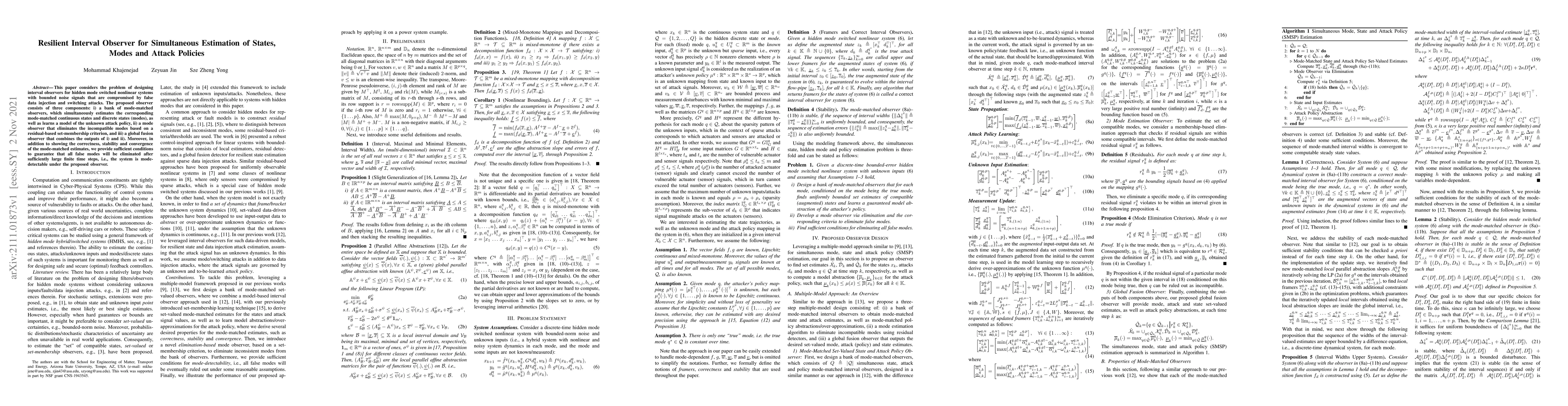 Thumbnail for Resilient Interval Observer for Simultaneous Estimation of States, Modes
  and Attack Policies
